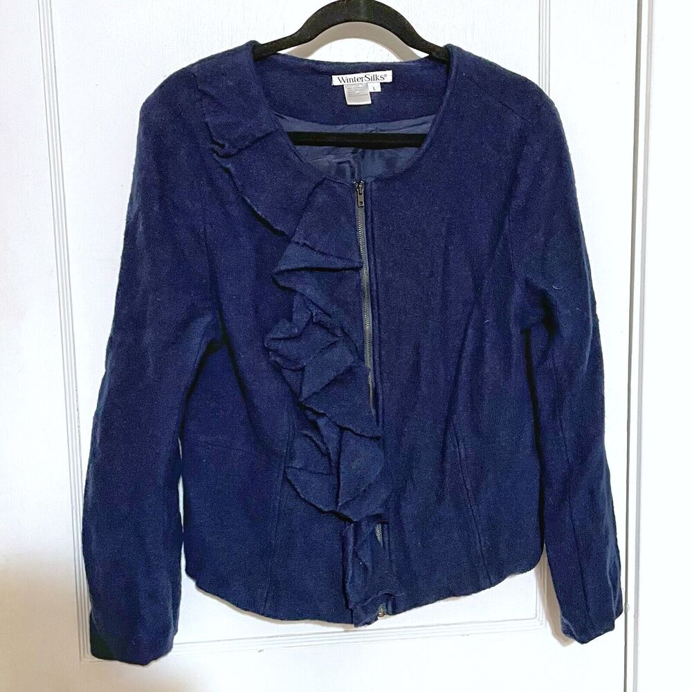 Winter Silks Large Navy Blue Wool Silk Jacket Blazer Ruffle Zipper Career